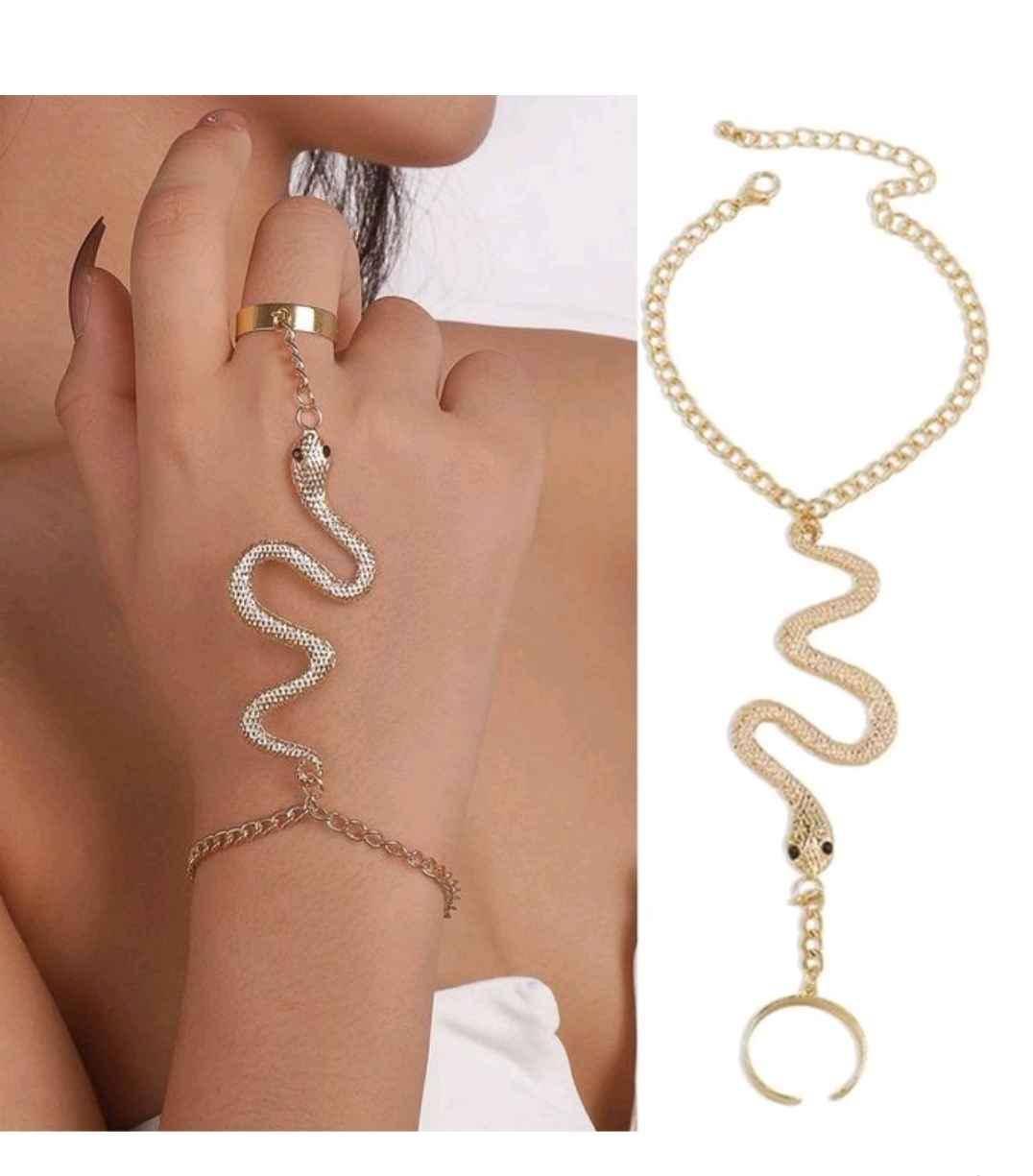 Women snake bracelet connecting finger ring hand jewelry