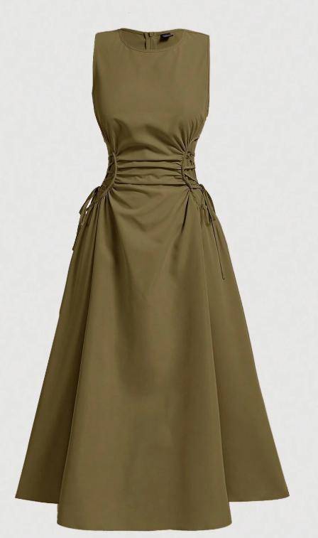 Cross Tie Solid Pleated Dress,Western,Vintage,Back To School,Work